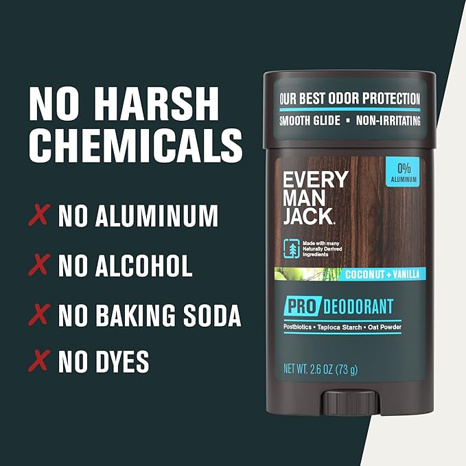 Every Man Jack Men's Pro Deodorant - 48-Hour Odor Defense Blend - Aluminum Free - Contains Postbiotics, Tapioca Stach & Oat Powder - Coconut + Vanilla Scent - 2.6 oz (1 Pack)