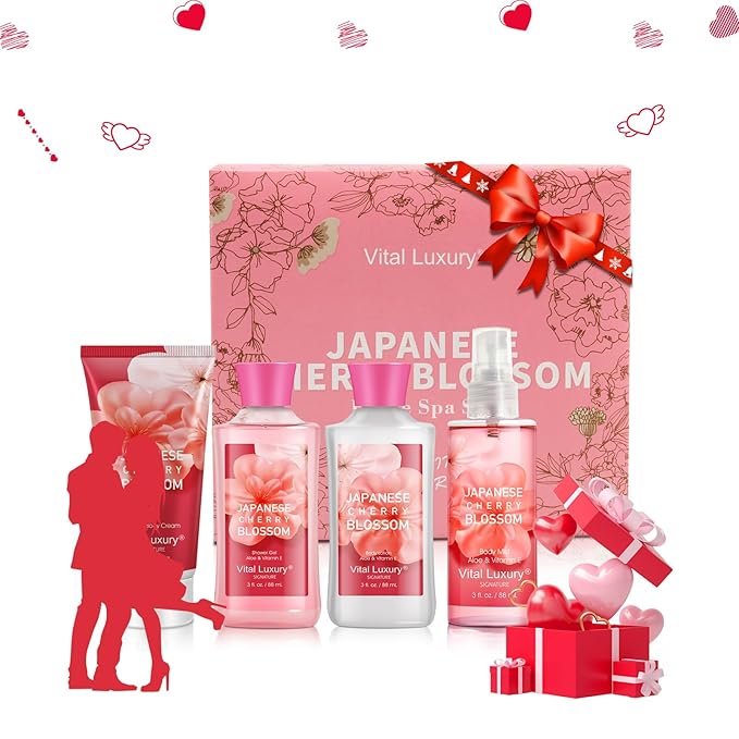 Bath & Body Kit, 3 Fl Oz Travel Size, Ideal Skincare Relaxing Home Spa Set, Includes Body Lotion, Shower Gel, Body Cream, and Fragrance Mist, Bath Gifts for Her and Him (Japanese Cherry