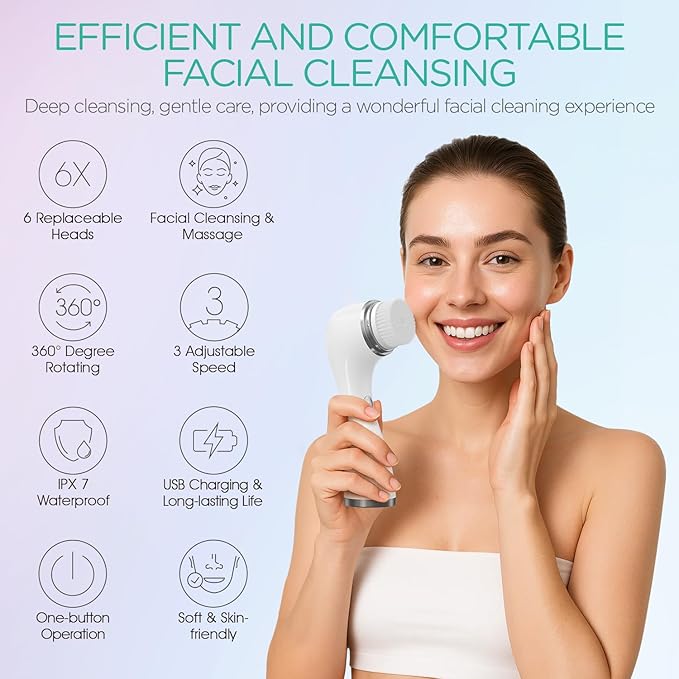 VOYOR Facial Cleansing Brush Electric for Deep Skin Cleansing Face Scrubber Rechargeable for Exfoliating and Removing Blackhead Spin Face Brush for Massaging, Remove Makeup Facial Brush FB101