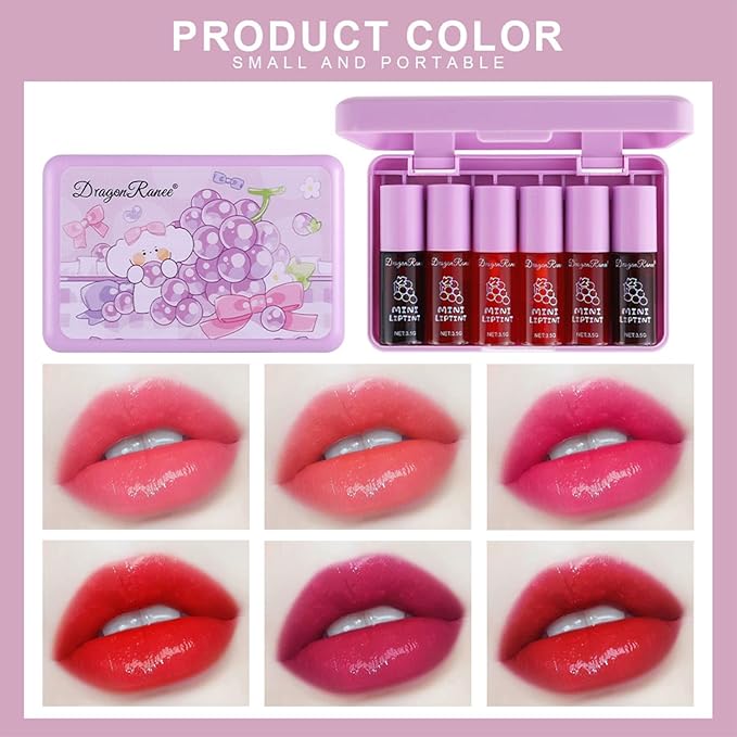 6 Colors Grapes Lip Tint Stain Set, Korean Lip Gloss Watery Lip Stain, Lipstick for Women, Lip Gloss for Girls, Blush for Cheeks, Non-Stick Cup, Waterproof, High Pigment, Lip Tint Makeup