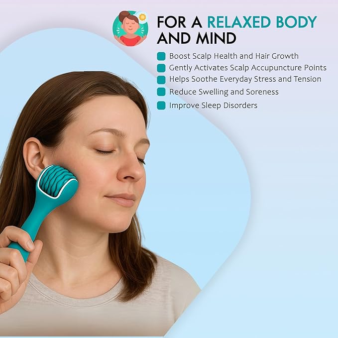 Silicone Ice Head Massage Roller for Head, Neck, Jaw, Ear, and Sinus Relief-Rechargeable Handheld Massage Roller with Comfortable Grip (Teal)