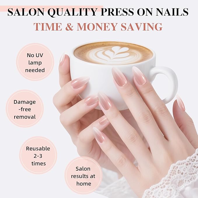 Press on Nails, Short Press on Nails Almond Reusable Glossy Pink White Nails Soft Gel False Nails Press ons for Women, 16 Sizes 32 Count Nails Kit with Glue (SV-05)