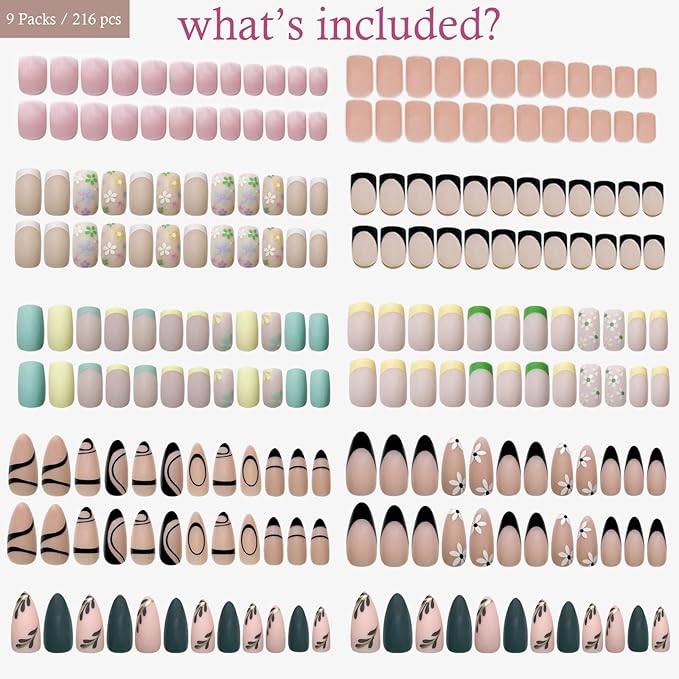 9 Packs (216 Pcs) Press on Nails, Jsiallye Short French Tip Press on Nails, Press on Nails Almond Square with Flower, Glue on Nails for Girl Nail Art, 12 Size of Fake Nails - 9 Styles Nail Kits