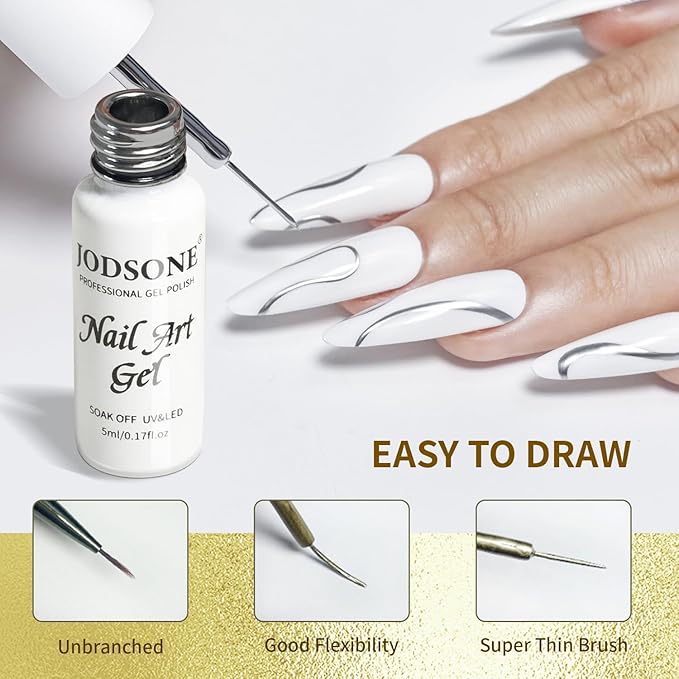 JODSONE 2pcs Metallic Nail Art Gel Liner Gold Mirror Chrome and Silvery 3D Effect Gel Nail Polish Thin Brush Metal Painted DIY at Home Salon Quality Gift for Women