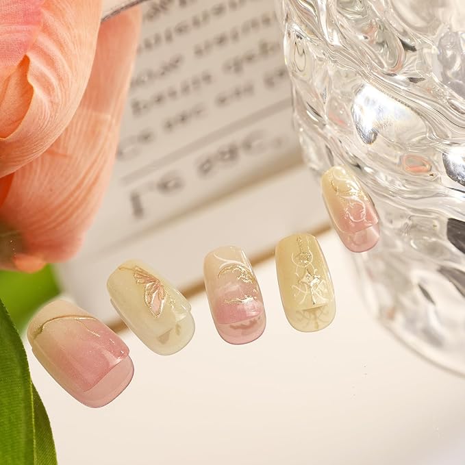 30pcs Pink Press on Nails Short Square Fake Nails with 3D Gold Star Moon Butterfly Designs Glitter Glue on Nails Cute False Nails Pink Full Cover Acrylic Nails Stick on Nails for Women