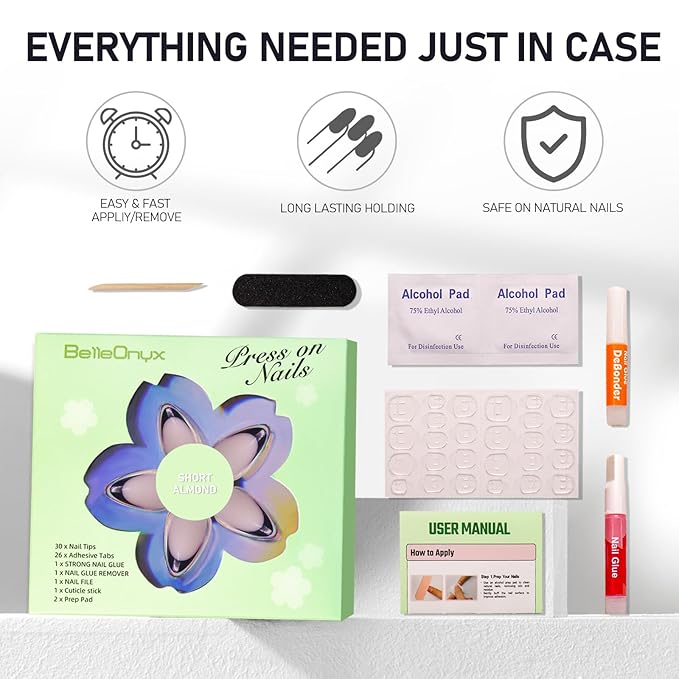 Short Almond Press On Nails Black French Nail Tips with Glue & Gule Remover Reusable 15 Sizes-30 Fake Nail kit for Woman