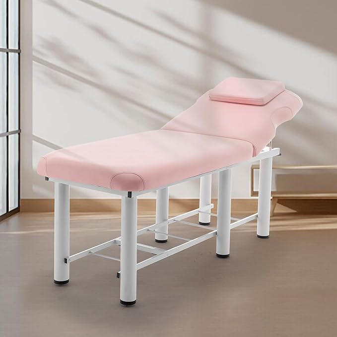 Stationary Massage Bed Professional Adjustable Massage Table Spa Bed 73" x27.5”Stationary Physical Therapy Table with Memory Foam Salon Bed w/Removable Headrest Pink