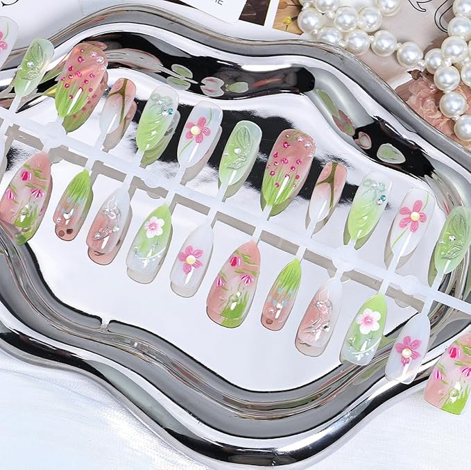 30Pcs Spring Summer Flower Press on Nails Medium Almond Fake Nails with 3D Pearl Rhinestones Handmade Glue on Nails Butterfly Bow False Nails Cute Floral Leaf Acrylic Nails for Women Manicure