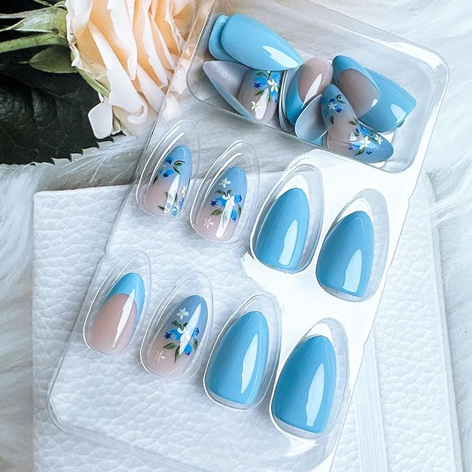 24Pcs Blue Press on Nails Medium Almond Nails French Tip Fake Nails with Floral Spring Summer False Nails Gradient Designs Glue on Nails Blue Flower Acrylic Nails Full Cover Nail Tips for Women