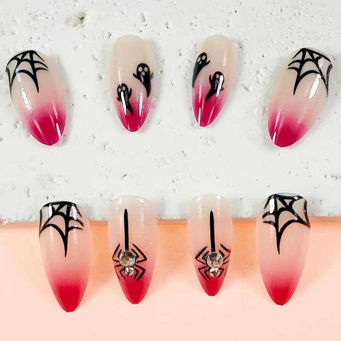 24Pcs Halloween Press on Nails Medium Almond Fake Nails with Spider Star Rhinestones Design Goth Cute Ghost Ghost Acrylic Nails Full Cover Stick on Nails Pink Red Gradient Glue on Nails for Women