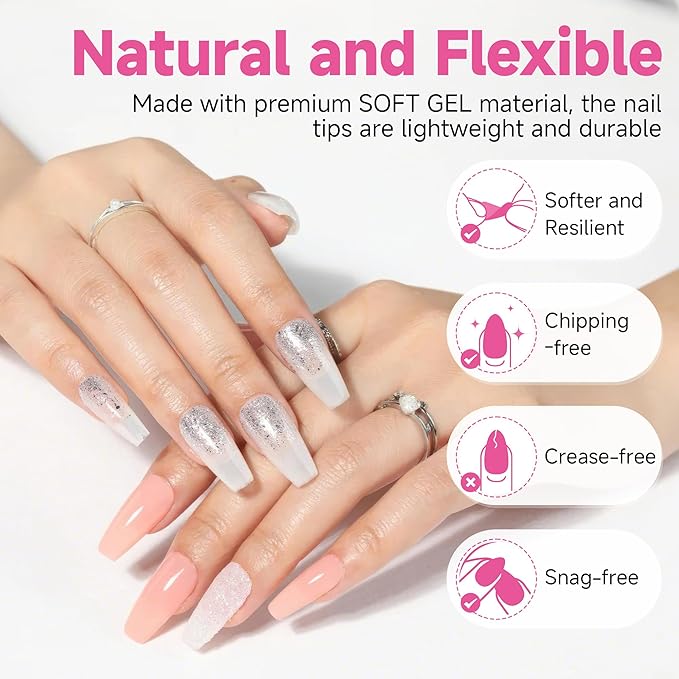 UNA GELLA Medium Coffin Nails Tips, 312Pcs Pre-Etched Gel Nail Tips Coffin Press On Nails Clear Full Cover for Nail Extensions & DIY Art Salon at Home, Long Lasting 12 Sizes