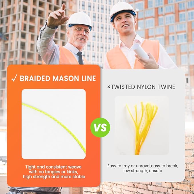 1000FT Mason Line w/Reloadable Line Reel, 18# Braided Twine String for Masonry Job, Level Lines in Construction, Gardening, Fluorescent Yellow