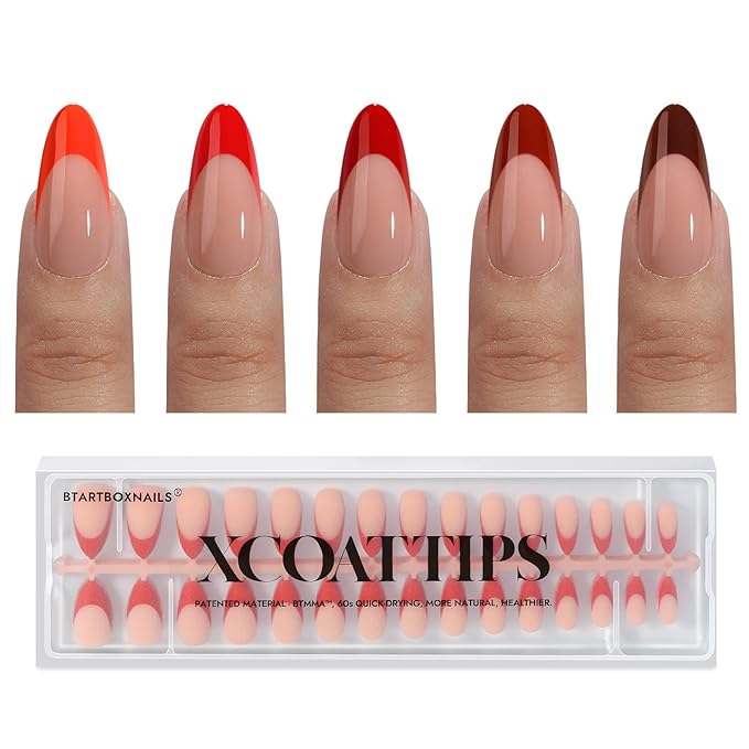 BTArtboxnails XCOATTIPS Red French Tip Press on Nails - Red French Tip Nails Almond, Christmas Press on Nails Medium, Soak Off Soft Gel Nail Extension 150Pcs