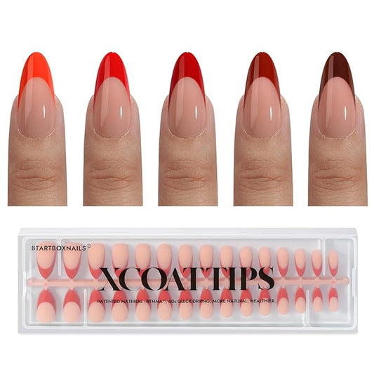 BTArtboxnails XCOATTIPS Red French Tip Press on Nails - Red French Tip Nails Almond, Christmas Press on Nails Medium, Soak Off Soft Gel Nail Extension 150Pcs