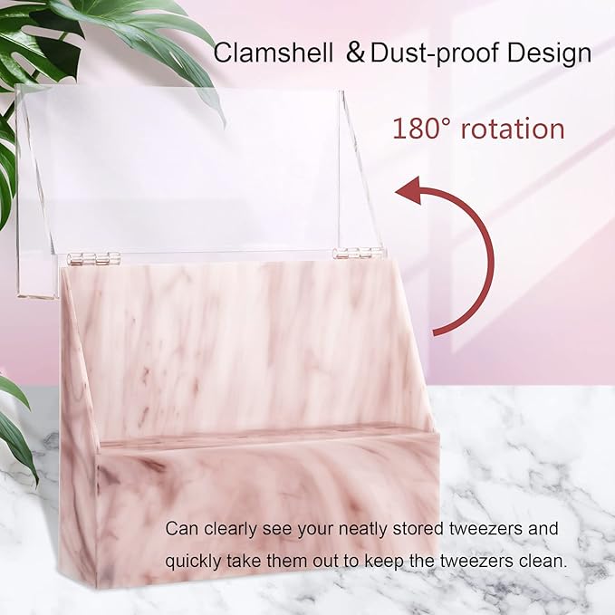 8 Holes Dust-proof Eyelash Tweezers Holder Case Acrylic Marble Tweezer Stand Display Organizer with Cover for Lash Extensions (pink)