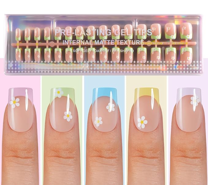150Pcs Short Press On Nails, French Tip Press On Nails, Soft Gel Flower Stick On Nails Reusable Square Fake Nails for Women 15 Sizes, Daisy