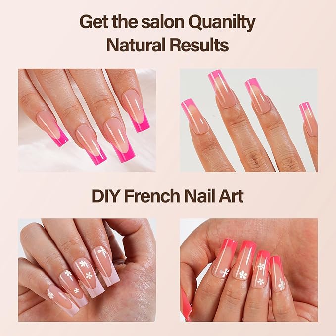 150Pcs French Gel Nail Tips, Vansiho Long Square Nail Tips, Pink Pre-French Tips Press on Nails, Soak Off Soft Gel Acrylic Fake Nails for Nail Art DIY 15 Sizes