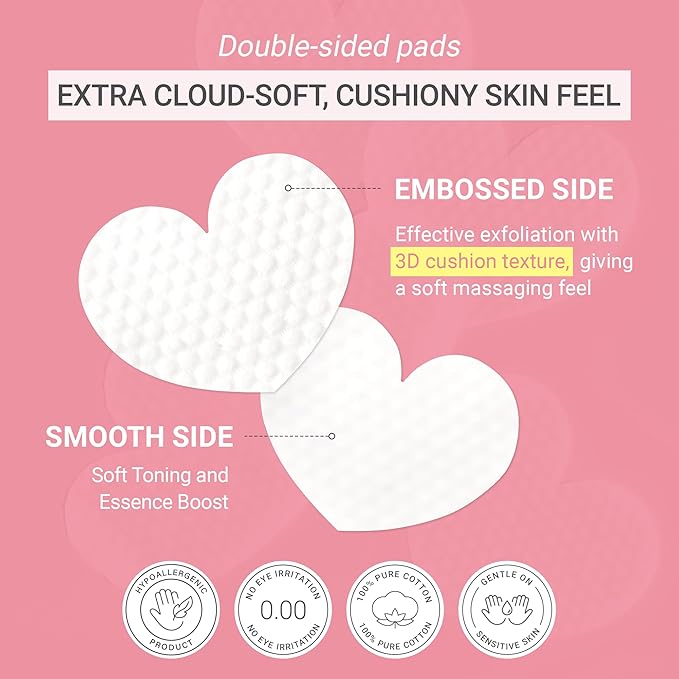 TENZERO Pink Hyaluronic Acid Niacinamide Serum Heart Pad (50 Count, 150g), Hydrating & Brightening Glowing Face Toner Pads, Korean Facial Radiance Pads, Dry Skin