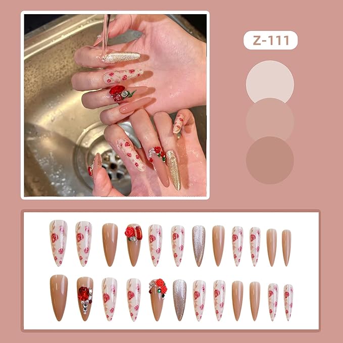 Flower Press on Nails Extra Long Red Floral Rhinestones Design Almond Tip Acrylic Cat Eye False Nail Full Cover Glossy Handmade Artificial Fingernails 24Pcs Reusable Press Ons Glue on Nails for Women