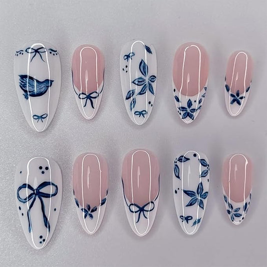 24Pcs French Tip Press on Nails Medium Almond Fake Nails Blue Bow Flower Glossy Design Full Cover Reusable Artificial Nails White Pink Stick on Nails Handmade False Nails for Women Girls Acrylic Nail