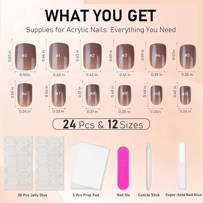 Short Press on Nails Brown Square, Glossy Acrylic Solid Fake Nails Natural, 24pcs False Nails with Designs, Glue on Nails Art Kit for Women