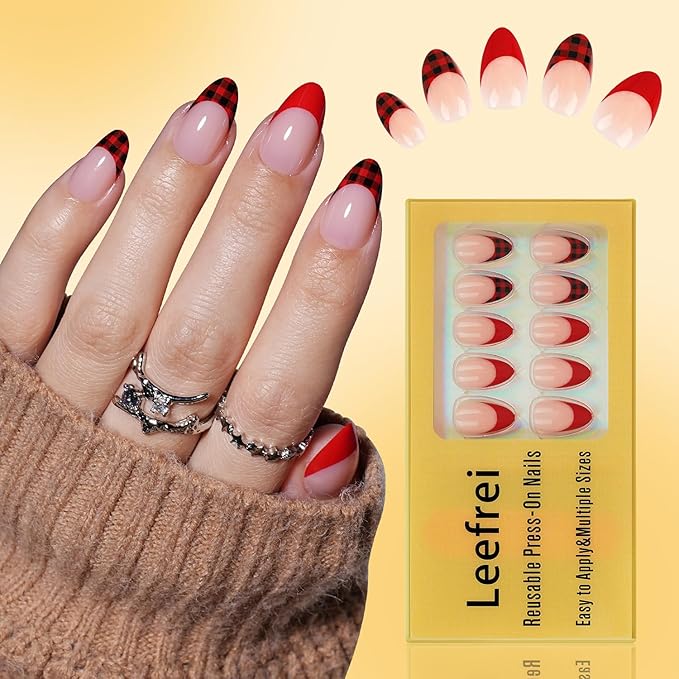 French Tip Press on Nails - Glossy Red Press on Nail, Short Almond Fake Nails Reusable Nails Press ons for Women, 32 Pieces in 16 Sizes False Nails Kit with Glue, Tartan Cheer