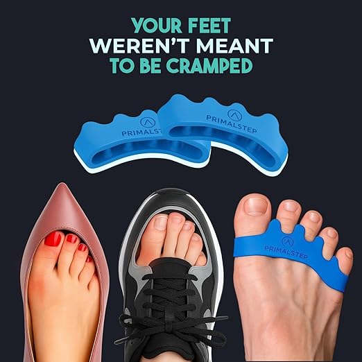 PRIMALSTEP 2.0 FIRM EDITION Toe Separators - Extra Firm, Stretchy & Flexible - Thicker & More Durable - Dr. Recommended Toe Spacers - Loved by Those with Bunions or Plantar Fasciitis - (Blue, Large)