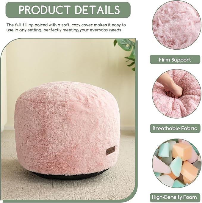 HIGOGOGO Pouf Stuffed Ottoman Round Modern Foam Filled Foot Rest Chair Decorative Poufs 20 x 15 Inches Fluffy Boho Comfy Stool for Living Room, Pink