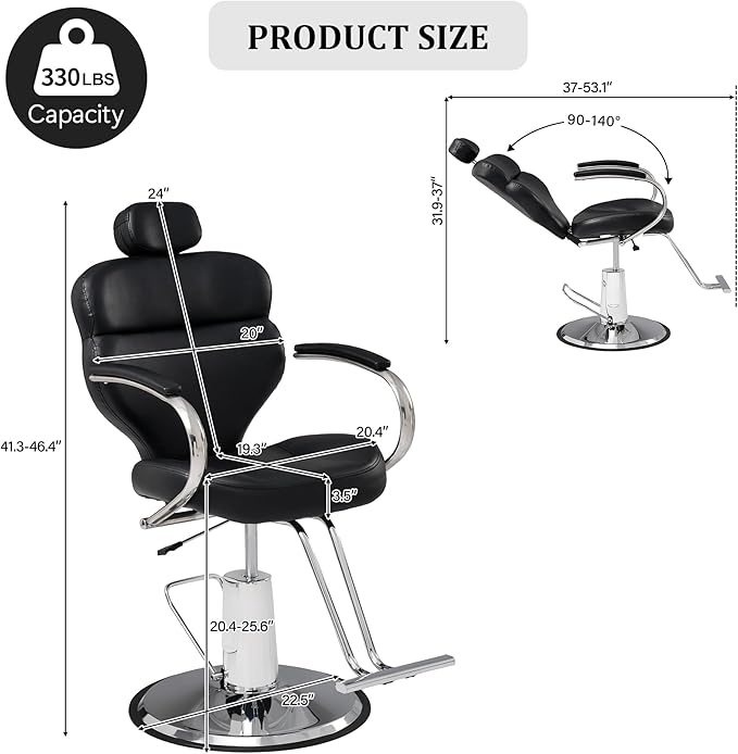 Reclining Barber Chair Salon Chair for Hair Stylist, Heavy Duty Hydraulic Pump Barber Chair Seat Height 41-46", 360° Rotation, Tattoo Chair Shampoo Beauty Salon Equipment For Barber Hair Shop