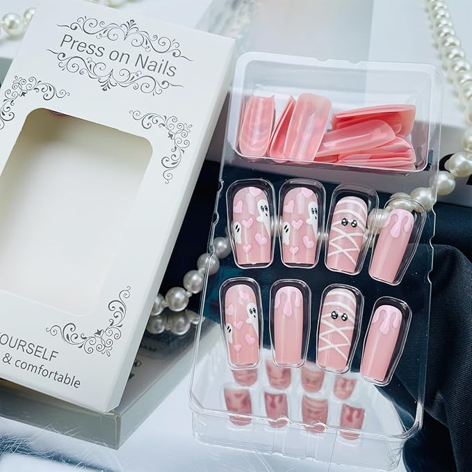 24Pcs Halloween Nails Press on Nails Medium Square NEWSPIED Pink Fake Nails with Cute Ghost Heart Designs Halloween Glue on Nails Glossy Acrylic Stick on Nails Cute Holiday False Nails for Women DIY