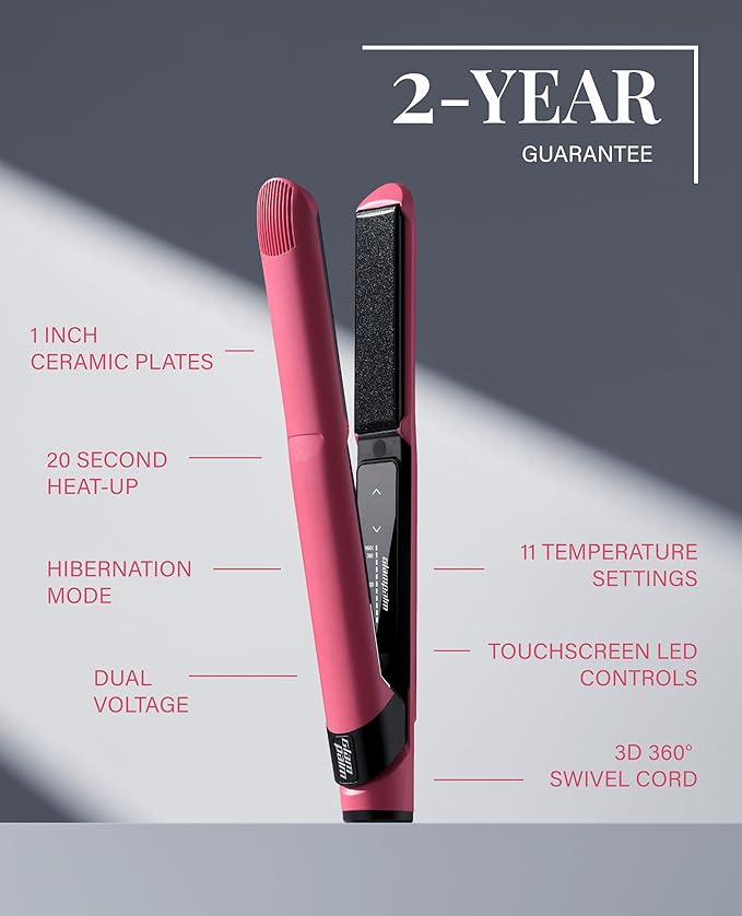 GLAMPALM Hair Straightener 1" Ceramic Flat Iron Infused with Vita C, Korea's No.1 Professional Salon Tool, 3D Swivel Cord & Dual Voltage, Digital LED(210°–450°), 20s Fast Heat-Up, Blush Pink (GP201T)