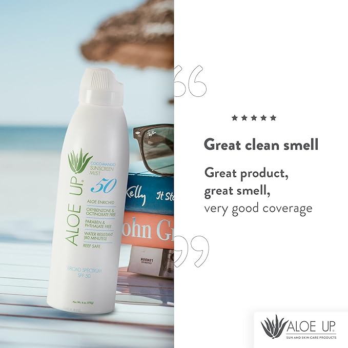 Aloe Up White Collection Continuous Sunscreen Spray SPF 50 Broad Spectrum UVA/UVB Sunscreen Protector for Face and Body with Moisturizing Aloe Vera Gel Reef Safe Coco Mango Fragrance 5.5 Fl. Oz