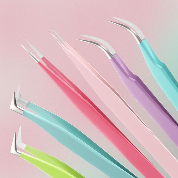 High Precision Lash Tweezers Set 6 Pack Stainless Steel Eyelash Extension Tweezers for Classic, Volume, Mega Volume Lashes, Facial Hair, Eyebrow, Hair Removal, Crafting Making(Colored)