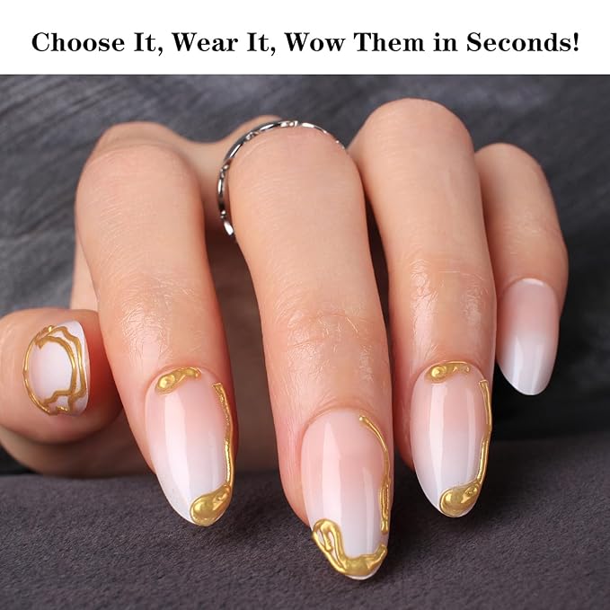 Gold Outline French Press On Nails 24pcs, Nude White Gradient Almond False Nails with 3D Metallic Design, Glossy Stick On Nails, Reusable Acrylic Fake Nails Kit for Women