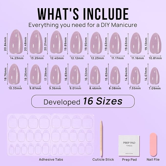 BTArtbox Press On Nails Almond - Short Soft Gel Fake Nails with Nail Glue, Opaque Reusable Stick On Nails in 16 Sizes - 32 Nail Kit, Falling Star Cat Eye
