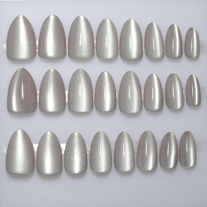 Nude Press On Nails Almond, Cat Eye Press On Nails Short Fake Nails with Color-Shifting Glow, Reusable Stick On Nails, 12 Sizes - 24 Nail Kit with Glue, Natural Glue On Nail for Women