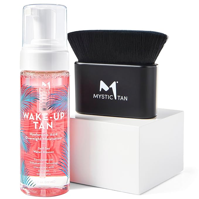 Mystic Tan Self Tanner Bundle: Wake-Up Tan Self Tanning Water Mousse, 5.5 fl. oz. + Blending Self Tan Kabuki Brush - Premium Hyaluronic Acid Overnight Moisturizer - Body and Face Tanner