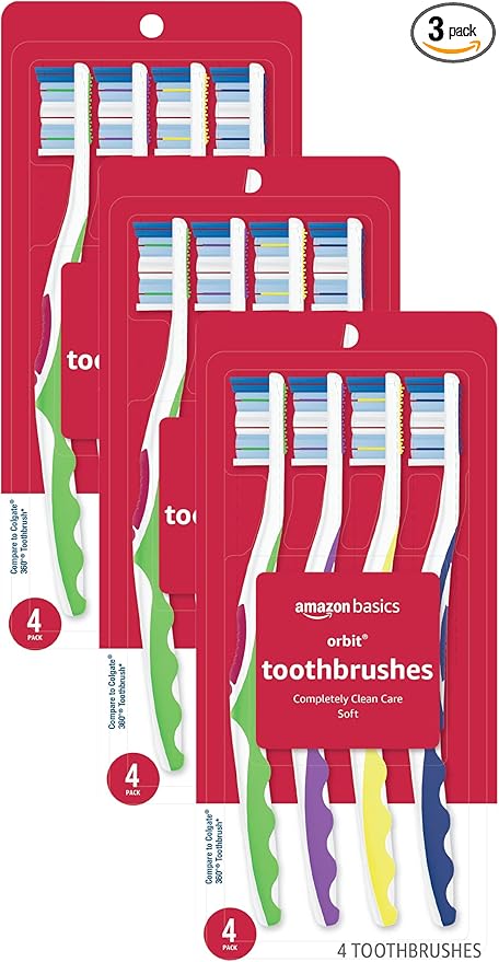 Amazon Basics Orbit Toothbrushes, Soft, Full, 4 Count, Assorted Colors (Previously Solimo) (Pack of 3)