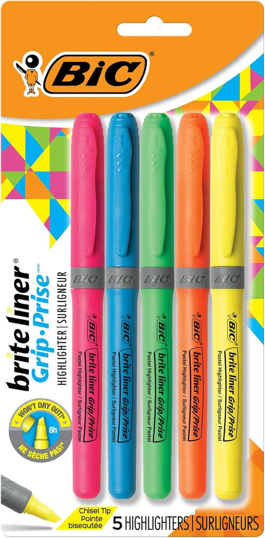 BIC Brite Liner Grip Highlighter, Chisel Tip (1.6 mm), Assorted Colors, For Broad Highlighting & Fine Underlining, 5-Count