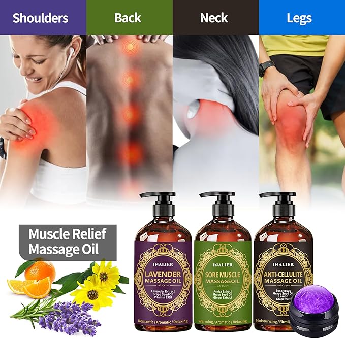 Massage Oil for Massage Therapy,Christmas Massage Gifts for Women Men, 3 Pack Cellulite,Lymphatic Drainage-Ginger Oil Sore Muscle Arnica Oil & Lavender Massage Body Oil with Massage Ball,