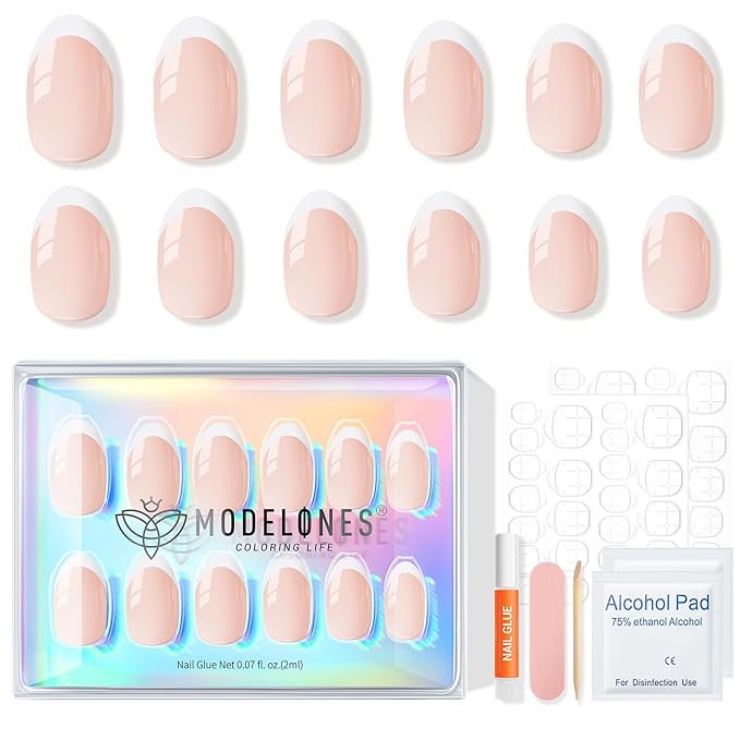 modelones French Tip Press On Nails, Short Oval Fake Nails Press Ons with Nail Glue, Adhesive Tabs, Nail File, Prep Pad, Manicure Stick, 32Pcs 16 Sizes, Nude, Christmas