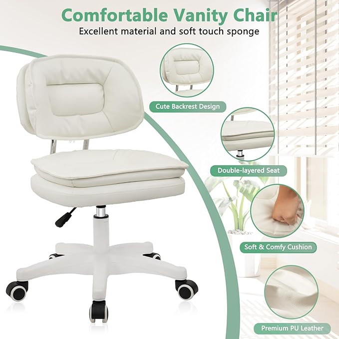 Small Rolling Stool with Backrest - 360° Swivel Rolling Chairs with Wheels,Adjustable Height Armless Vanity Chair, Thickened Seat Cushion Stool Chairs for Spa, Shop, Salon, Massage, Beige, 4 Pack