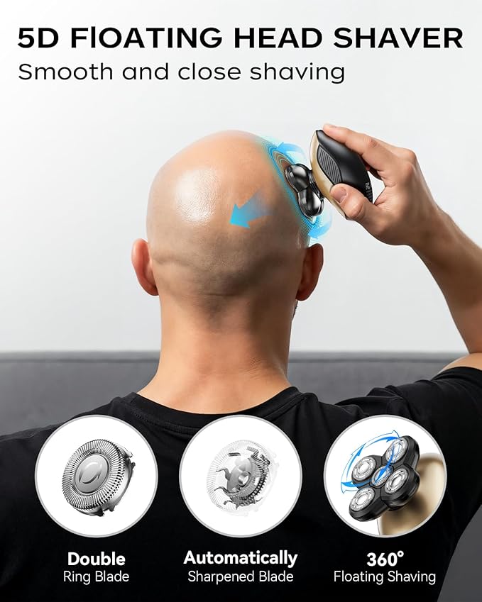 Electric Razor for Men, Head & Body Hair Shaver for Men, Cordless Rechargeable Wet/Dry Bald Head & Groin Waterproof Razor with Rotary Blades,Clippers, Beard Trimmer,Nose Trimmer, Brush (Golden)