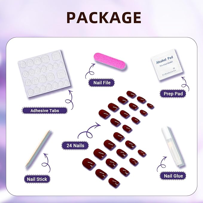 Wooyas Press on Nails Almond, Ombre Red Short Stiletto Glossy False Nails,Reusable Salon Perfect Fake Nail Kit in 12 Sizes - 24 Pcs Soft Gel Glue On Nails Kit for Women Gift