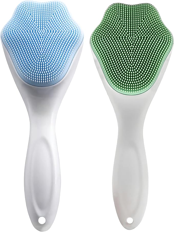 2 PC Silicone Facial Cleansing Brush Silicone Facial Scrubber Manual Exfoliating Facial Brush Face Cleanser Face Exfoliator Fine Bristles for Sensitive Skin Easy to Clean Lather Well (Blue&Green)