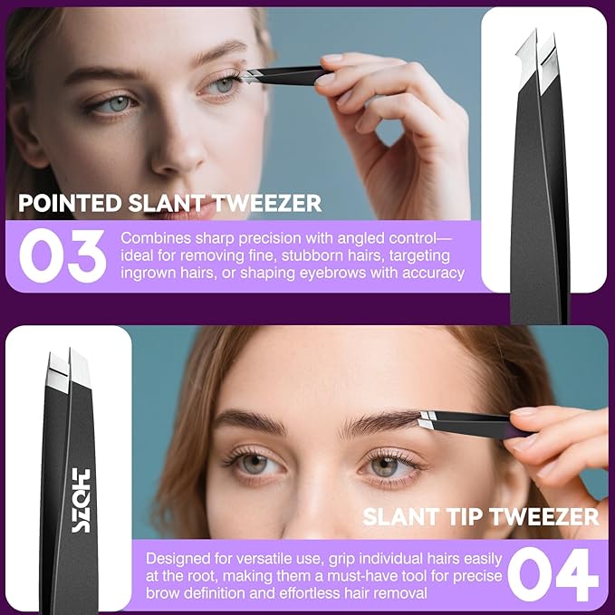 Professional Tweezers Set for Eyebrows – 4PC Precision Stainless Steel Tweezers Kit with Slant, Pointed & Flat Tips – Eyebrow Hair Removal Tool for Women & Men – Eco-Friendly Paper Tube Packaging
