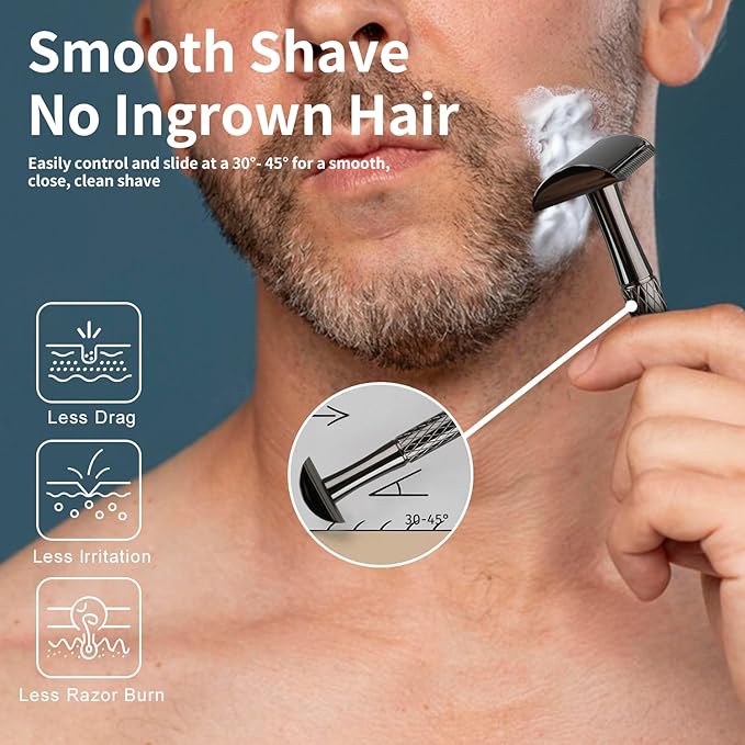 Shiny Gun Black Double Edge Safety Razor, Single Blade Razors for Men and Women, with 10 Stainless Steel Safety Razor Blades, Reusable, Smooth and Close Wet Shaving Kit, Plastic Free