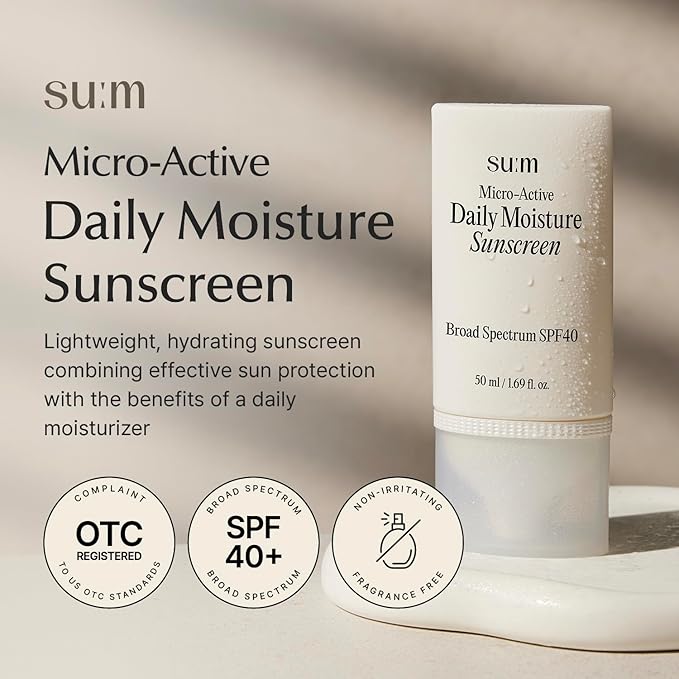 SU:M Micro-Active Daily Moisture Sunscreen (1.69fl oz) - Korean Skincare SPF 40 for UV Protection, Hydration, Soothing Sensitive Skin, No White Cast. With Biopeptide190 & Niacinamide.