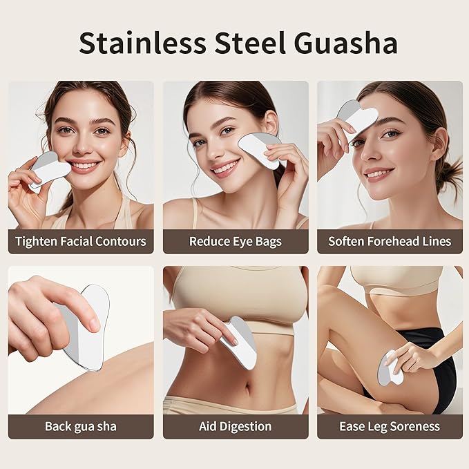 Stainless Steel Gua Sha Board & Acupressure Pen Facial Tools, Lymphatic Drainage Massager for Face, Chin & Jawline Sculpting, Skin Care Gift for Mom Women