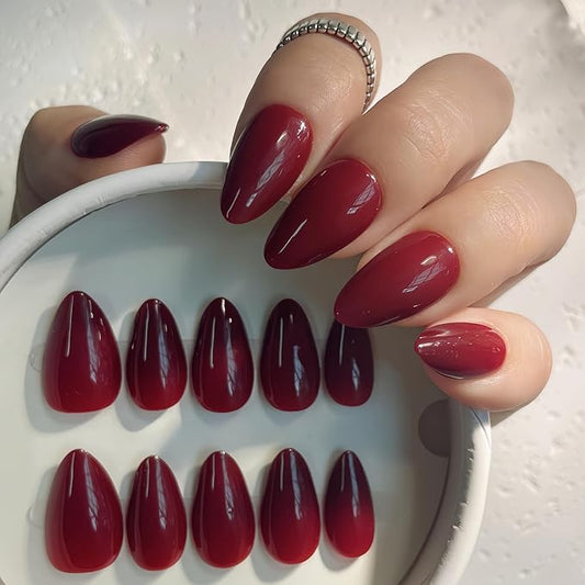 30PCS Short Almond Press-On Nails – Burgundy Fake Nails with 15 Sizes, Soft Back Edge & Durable Tip, No Measuring Needed, Reusable Stick-On Nail Tips for Women